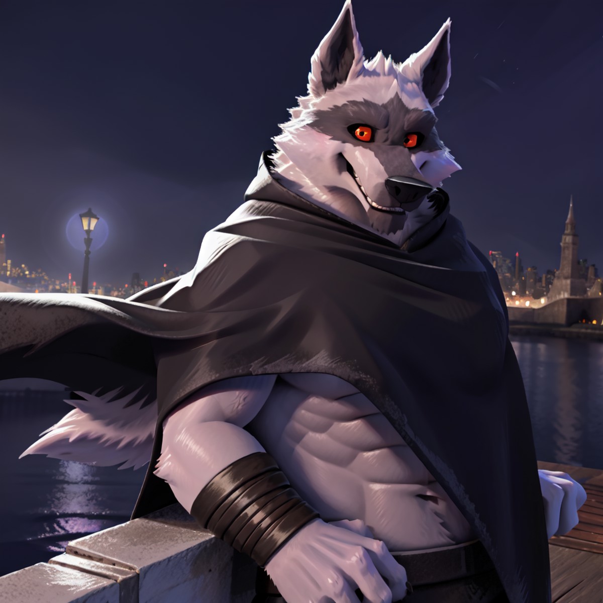 wolf, anthro, death wolf, male, cape, water drop, night, city lights, detailed background, masterpiece, high quality, high...